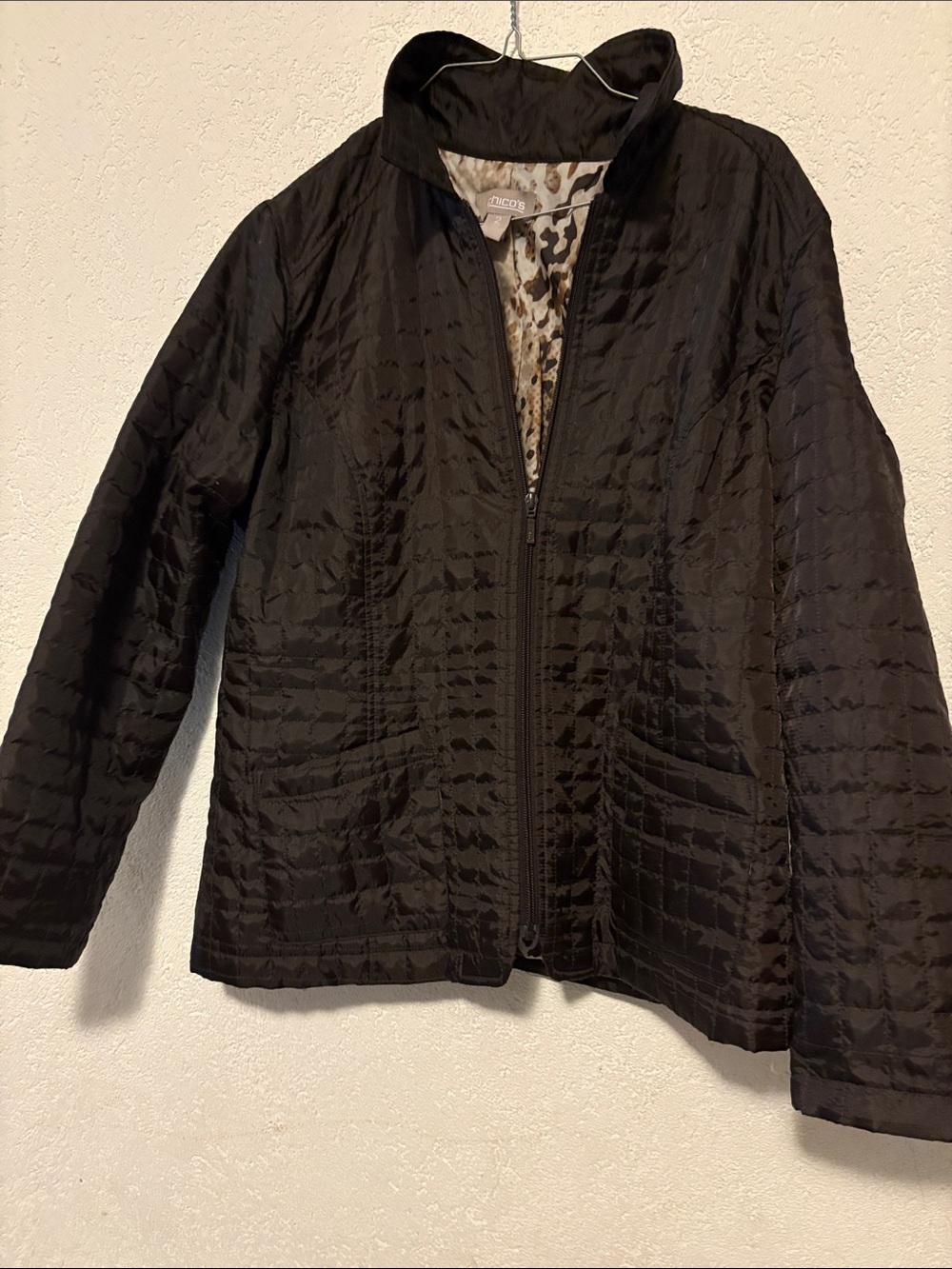 Chico's Black Quilted Zip-Up Puffer Jacket with Leopard-Print Lining
